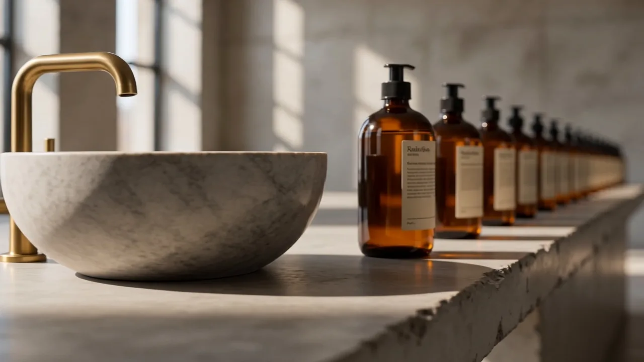 Row of amber apothecary bottles beside a stone basin with brass tap, warm window light
