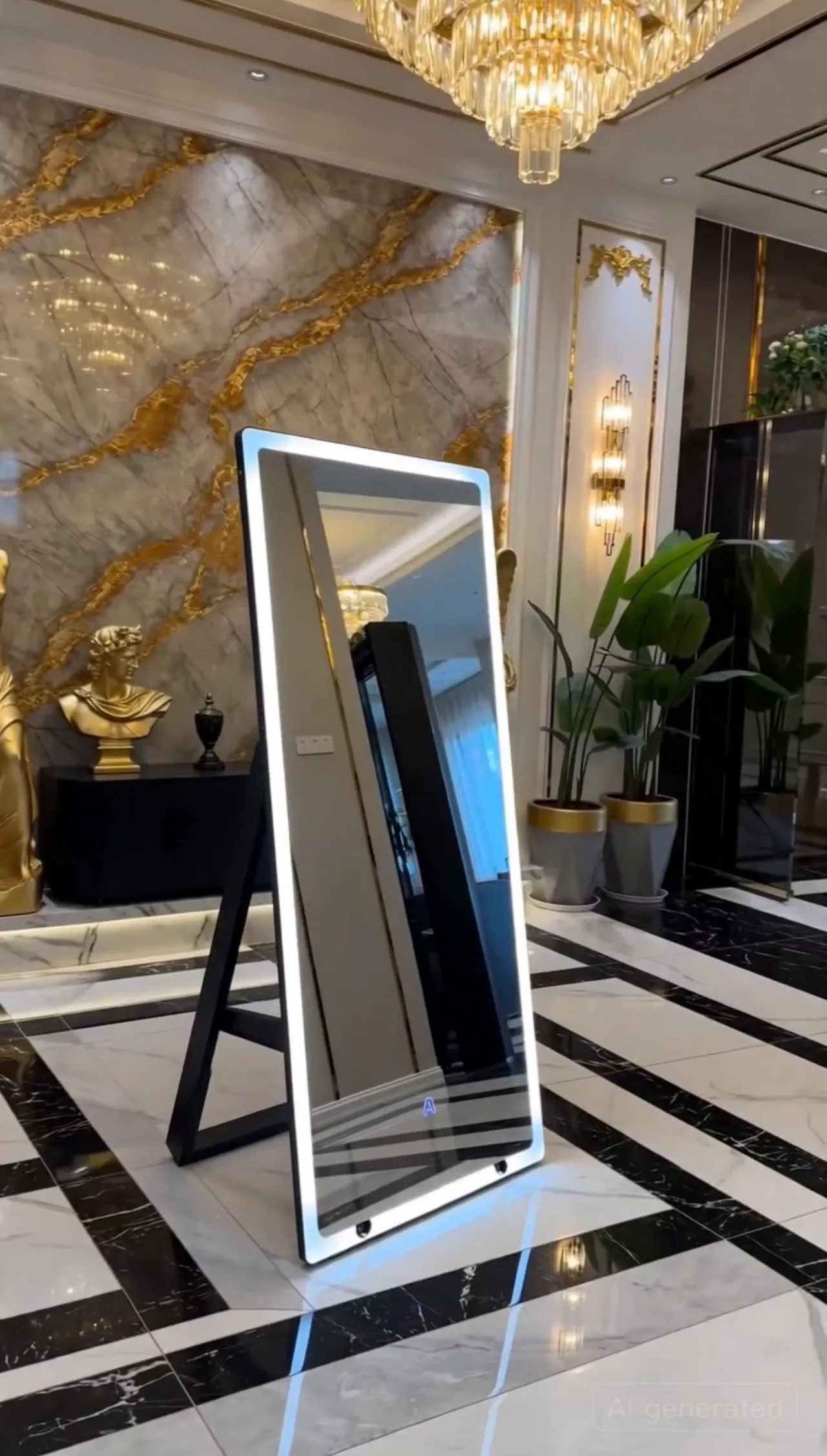KVLI photo booth mirror in a marble and gold hotel lobby