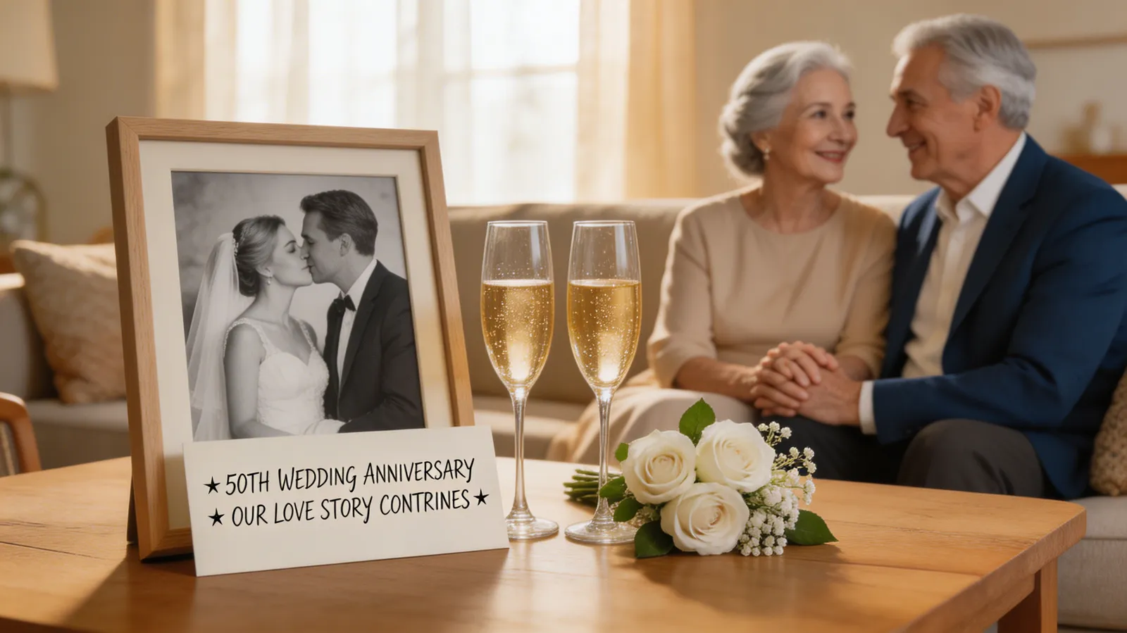 Couple celebrating their 50th wedding anniversary with champagne