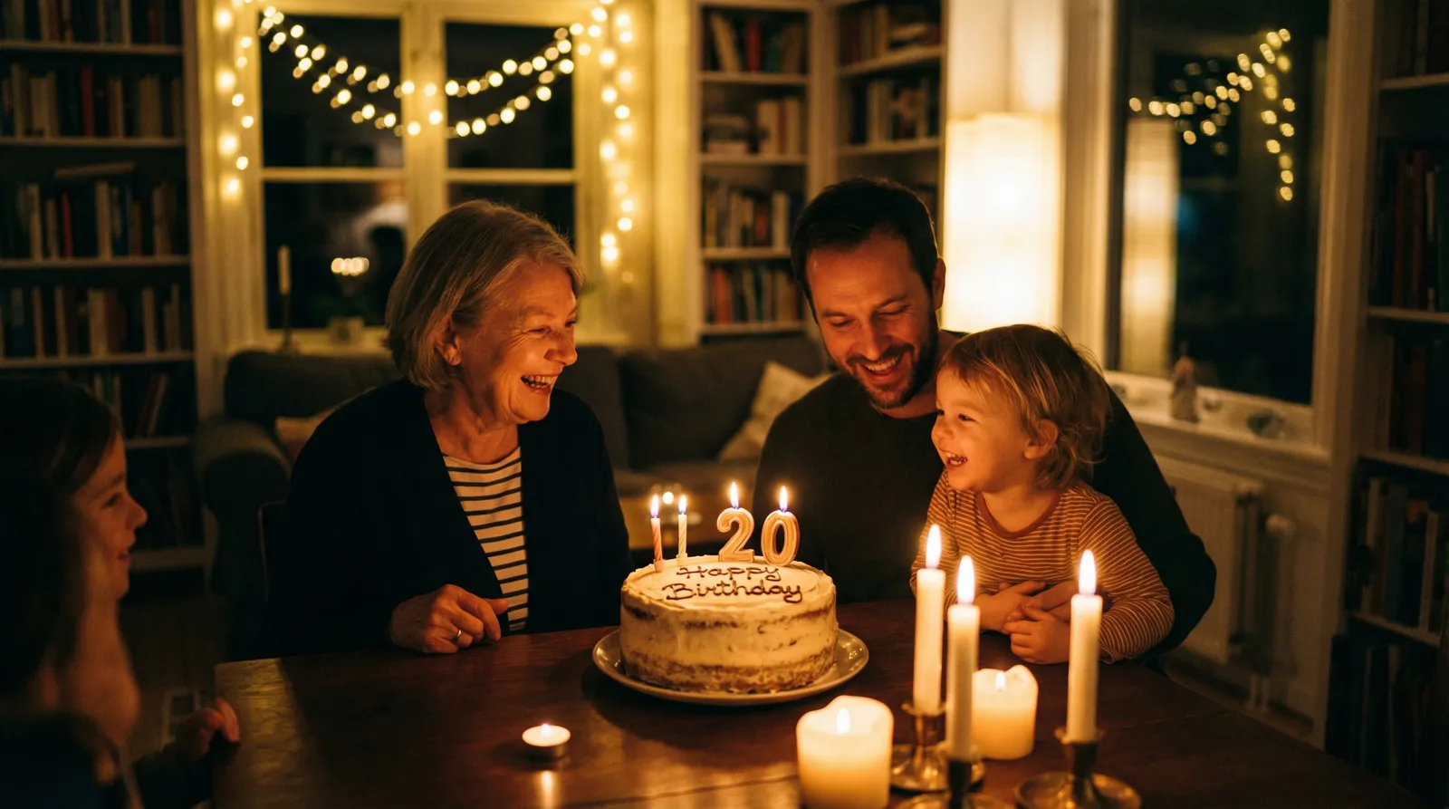 Family gathered around a birthday cake with candles