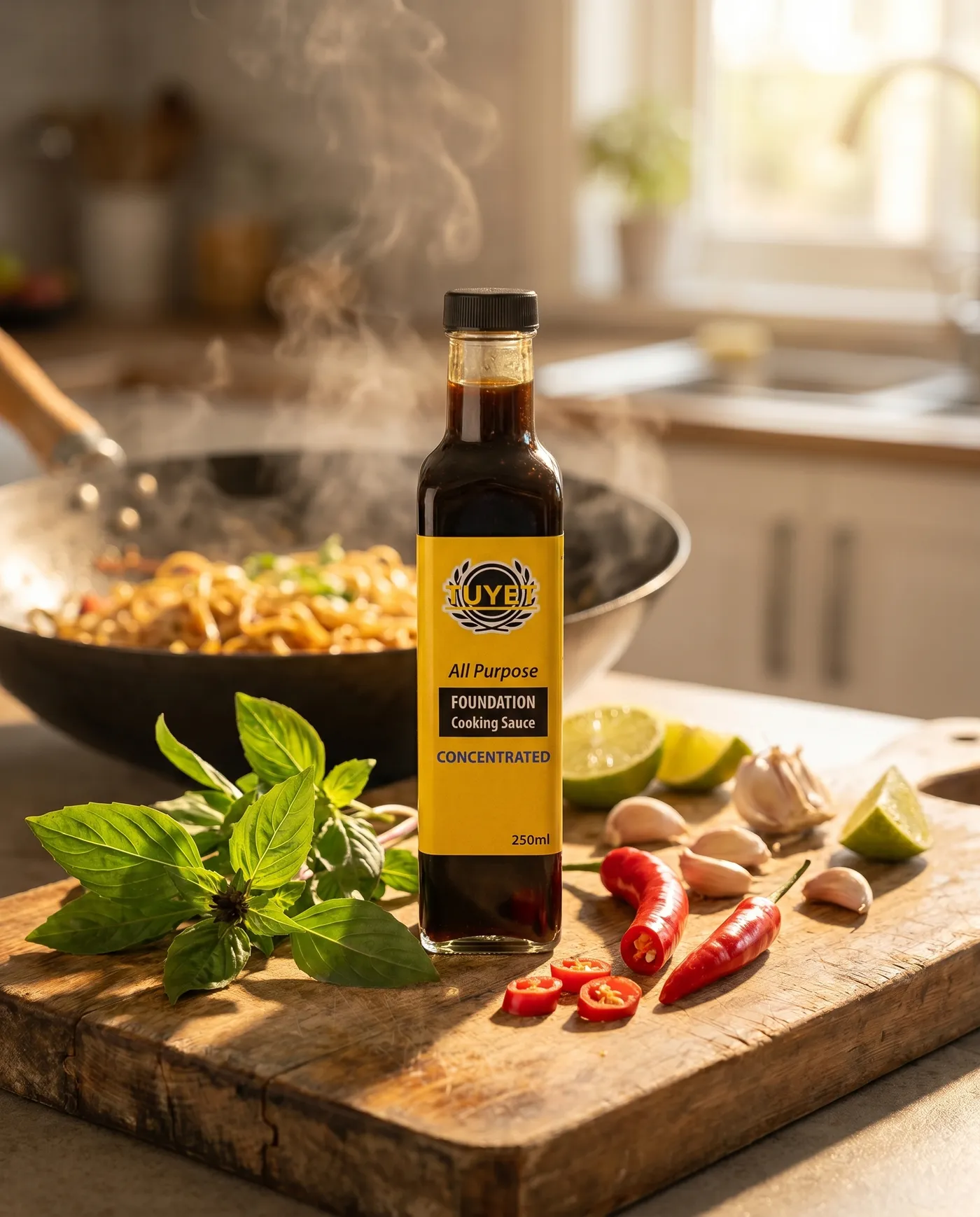 Tuyet Sauce Vietnamese cooking sauce bottle beside a wok of noodles